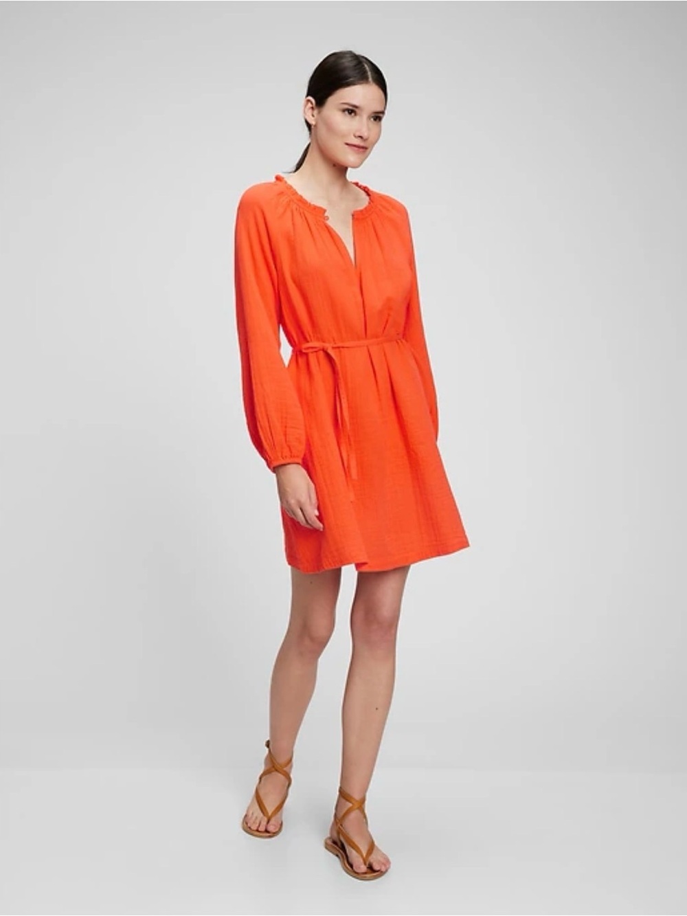GAP Orange Cotton Dress XS Belted Long Sleeve Pockets Boho